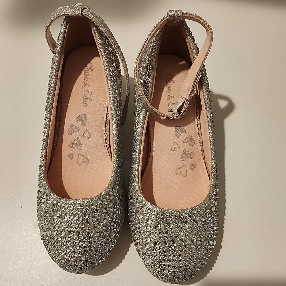 Girl's Silver Shoes with Sparkly Embellishments and Rounded Toe